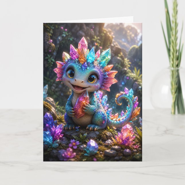 Crystal Sprout – Söt kristalldrake fantasykonst Kort (Framsida)