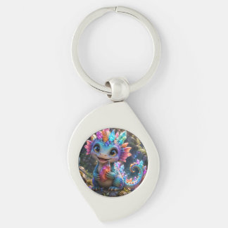 Crystal Sprout – Söt kristalldrake fantasykonst Swirl Silverfärgad Nyckelring
