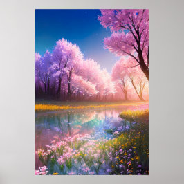 Crystal Stream och Blossoming Fält of Flowers Poster