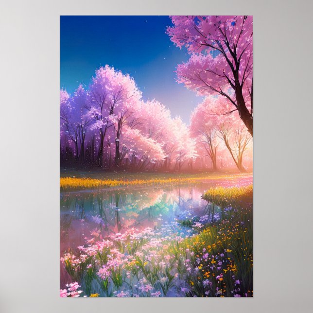 Crystal Stream och Blossoming Fält of Flowers Poster (Framsidan)