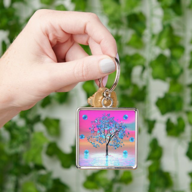 Crystal Träd Sunrise Keychain Fyrkantig Silverfärgad Nyckelring (Hand)