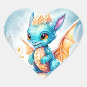 Crystalized Cute Baby blue Dragon Hjärtformat Klistermärke
