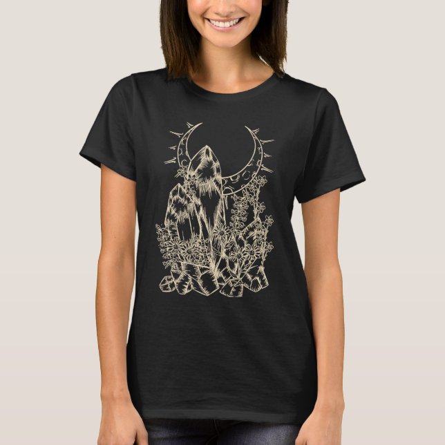 Crystals Flowers Moon Witchy E Girl Boy Alt Emo Y2 T Shirt (Framsida)
