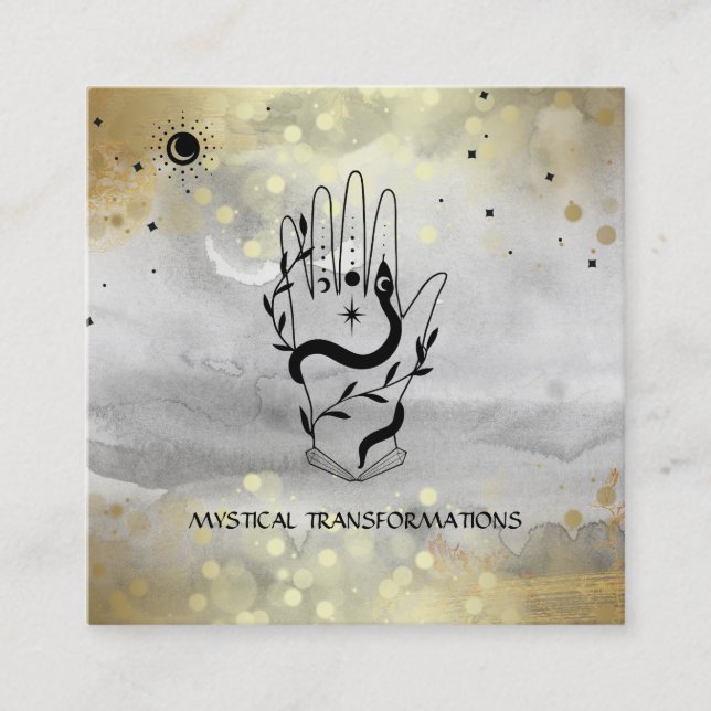 *~* Crystals Hand Snake Måne Magic Boho Grått Fyrkantigt Visitkort (Framsida)