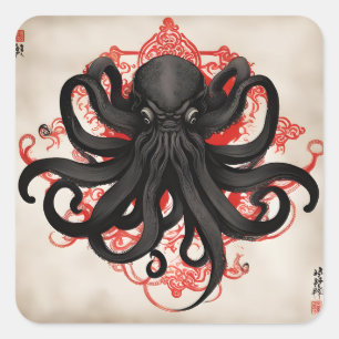 Cthulhu Asian Bläck Painting Fyrkantigt Klistermärke