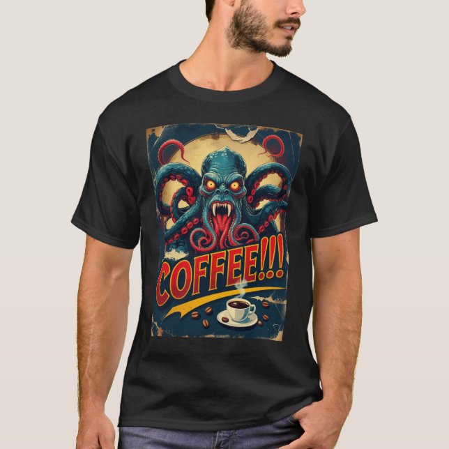 Cthulhu Coffee Shirt | Kraken Sea Monster Tee (Framsida)