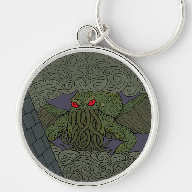 Cthulhu Rund Silverfärgad Nyckelring (Framsidan)