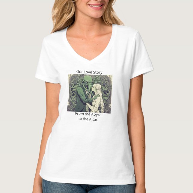 Cthulu och Hans Bride Lovecraftian Women's V-Nacke T Shirt (Framsida)