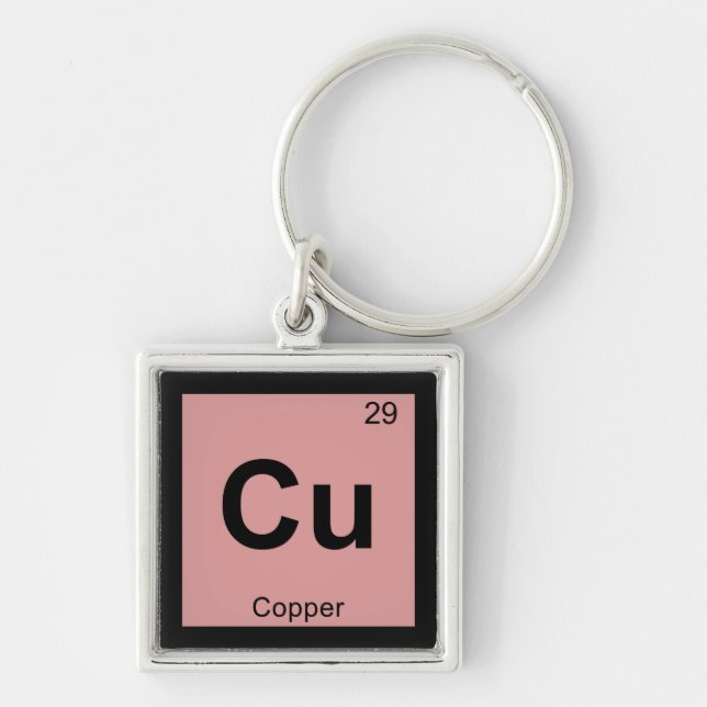 Cu - Koppar Kemi Periodiska Systemet Symbol Fyrkantig Silverfärgad Nyckelring (Framsidan)