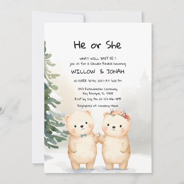 Cub Bear Theme Gender Reveal Party Invitation Inbjudningar (Framsida)