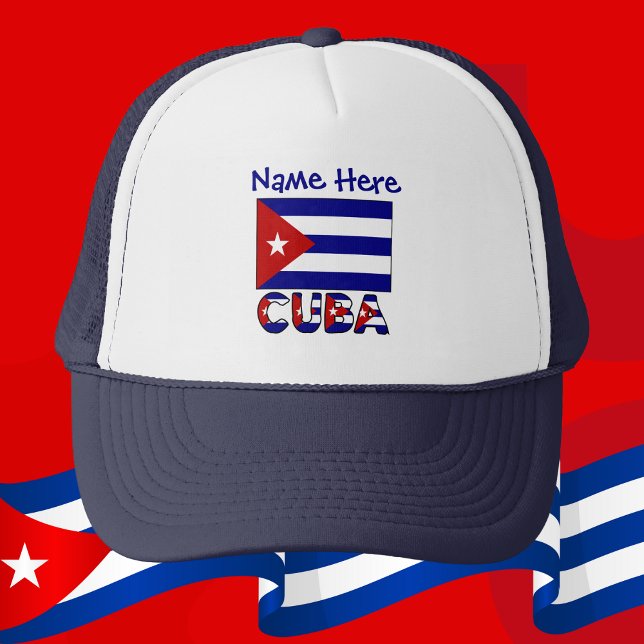 Cuba Dark Blue Cuban Flag Navy Blue Personalized Keps (Personalized trucker hat with dark blue Cuban flag and the word CUBA below.)