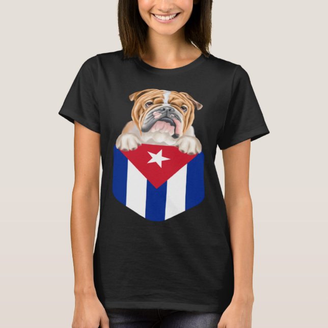 Cuba Flag Bulldog Dog In Pocket T Shirt (Framsida)