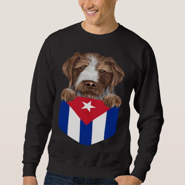 Cuba Flag German Wirehaired Pointer Dog In Pocket Lång Ärmad Tröja (Framsida)