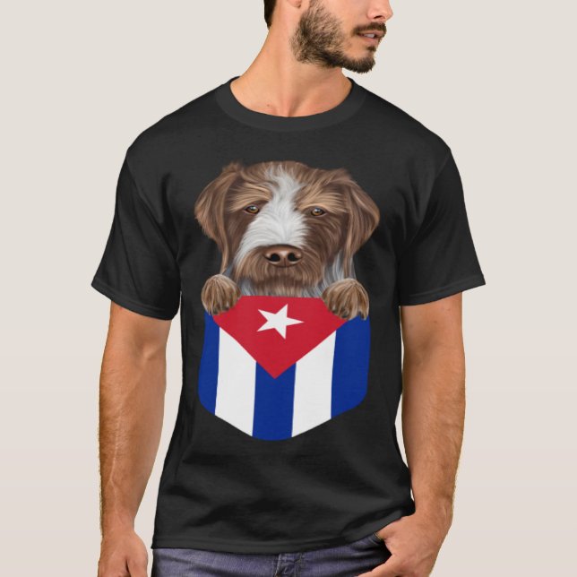 Cuba Flag German Wirehaired Pointer Dog In Pocket T Shirt (Framsida)