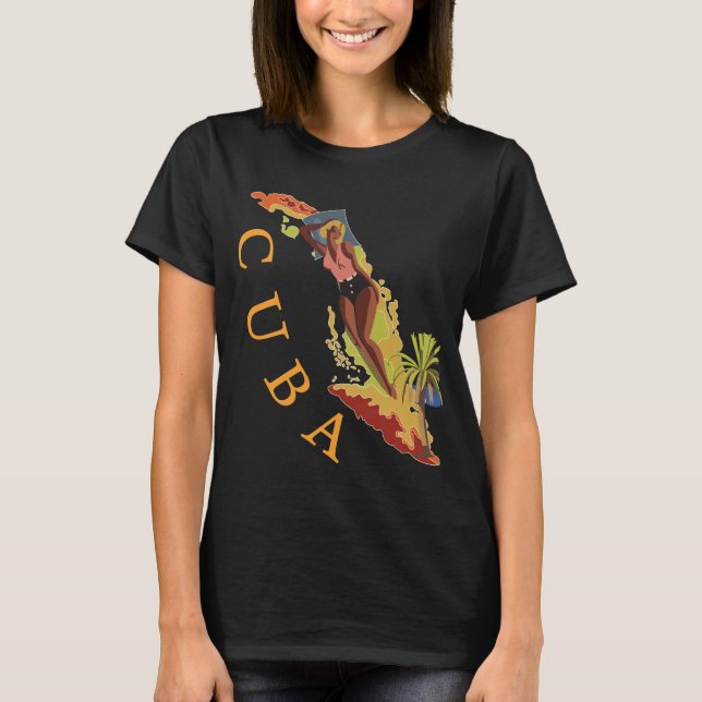 Cuba Tropisk Ö Map Retro Resa T-Shirt (Framsida)