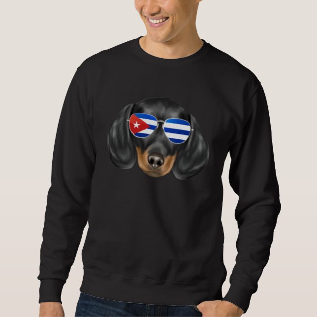 Cuban Flag Black Dachshund Dog Cuba Pocket Lång Ärmad Tröja (Framsida)
