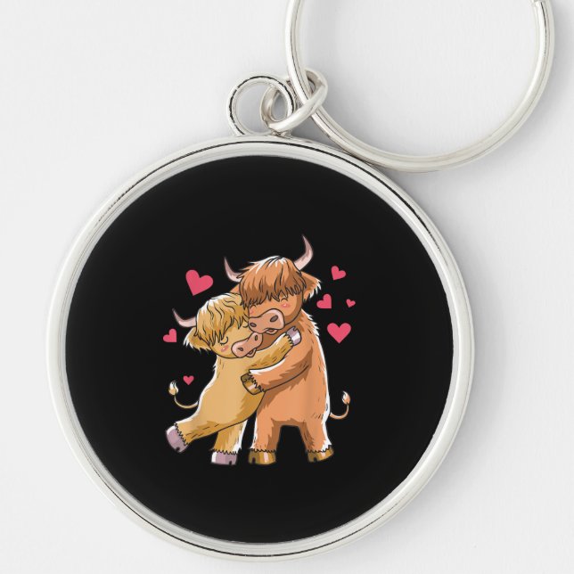 Cuddle Highland Cattle Scottish Cow Farmers Gift Rund Silverfärgad Nyckelring (Framsidan)