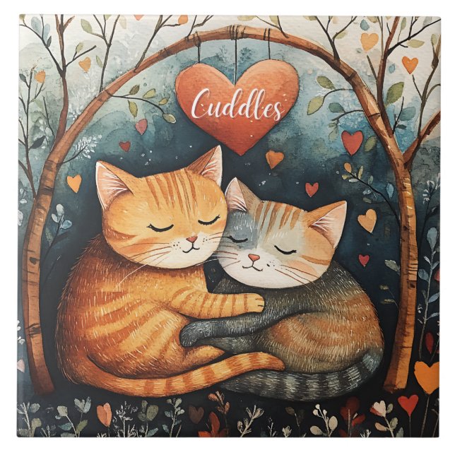 Cuddles Snuggles och Kattunge Kärlek Illustration  Kakelplatta (Framsidan)