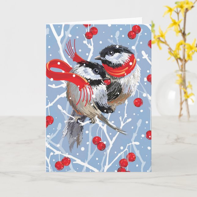 Cuddling Chickadees julanteckning Kort (Gul blomma)