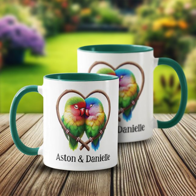 Cuddling i Hjärtformade biffen Mugg (Lovebirds in Heart-Shaped Branch 2 Two-Tone Mugs Cover Photo)