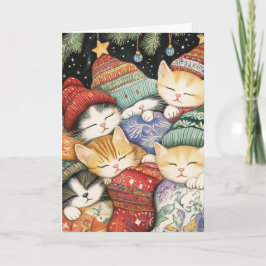 Cuddly Christmas Kittens Under the Tree Card Helgkort