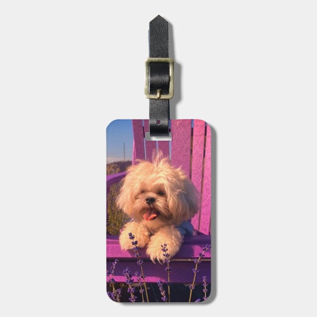 Cuddly Shih Tzu Puppy Smiles, Dog in Purple Chair Bagagebricka (Vertikal Framsida)