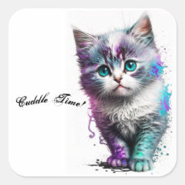 Cudely Blue-Eyed Kitten Sticker, Watercolor Art. Fyrkantigt Klistermärke