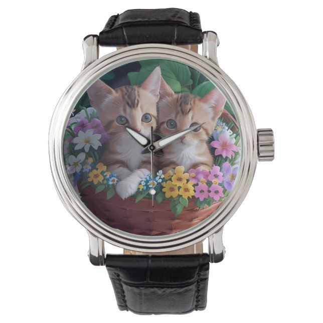 Cudely Cute Kittens i Flower Basket Armbandsur (Framsida)