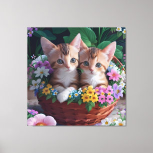 Cudely Cute Kittens i Flower Basket Canvastryck