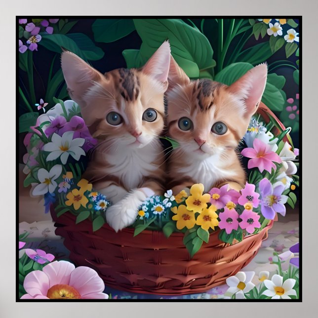Cudely Cute Kittens i Flower Basket Poster (Framsidan)