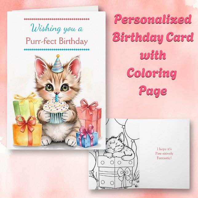 Cue Birthday Cat | Insidan färgsida Kort (Skapare uppladdad)