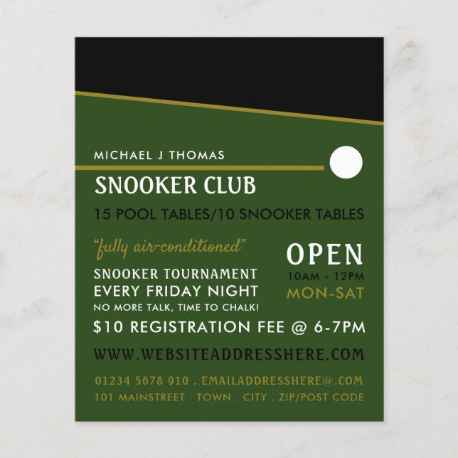 Cue Boll, Bassäng Klubb, Snooker Klubb Advertising Flygblad (Framsidan)