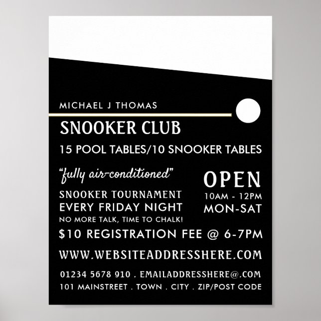 Cue Boll, Bassäng Klubb, Snooker Klubb Advertising Poster (Framsidan)
