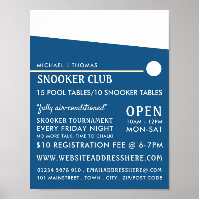 Cue Boll, Bassäng Klubb, Snooker Klubb Advertising Poster (Framsidan)