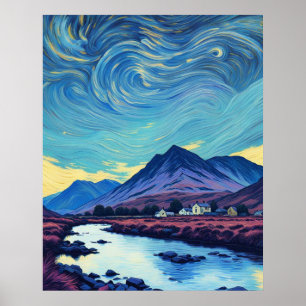 Cumbrian Backe & Mountain, Cottages, Van Gogh Himl Poster