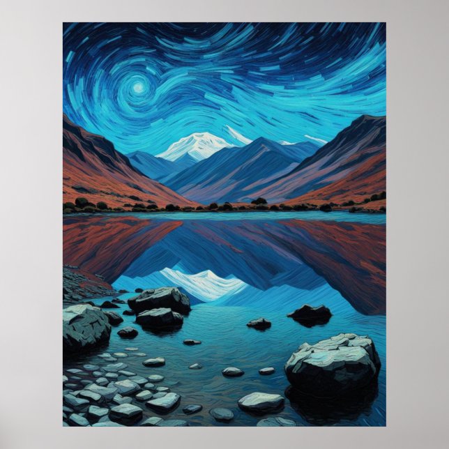 Cumbrian Hills & Mountains, sjöar, Van Gogh-himmel Poster (Framsidan)