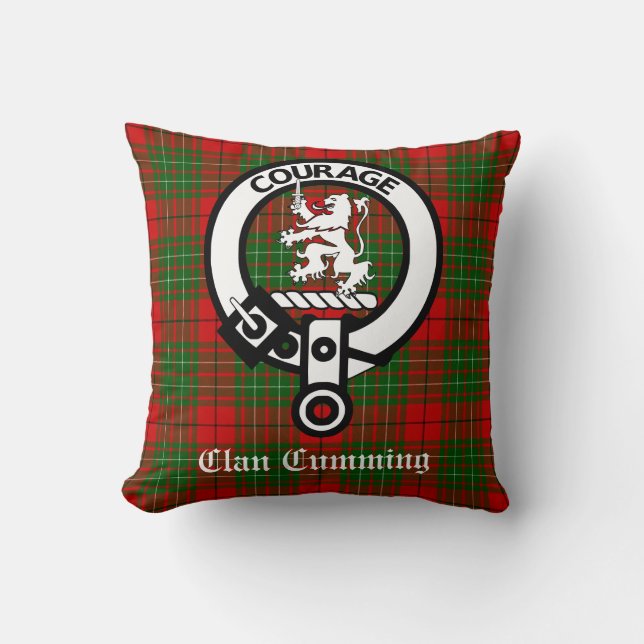 Cumming Clan Crest-märke och Tartan Kudde (Framsida)