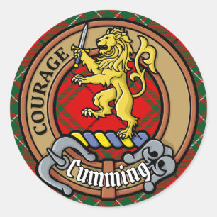 Cumming klanens vapensköld över tartan runt klistermärke