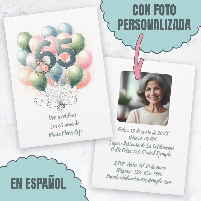 Cumpleaños de 65 Años Globos Con Foto Inbjudningar (Cumpleaños de 65 Años Globos Con Foto Invitation.)