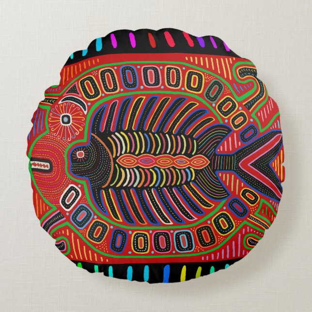 Cuna Indian Mola Flies Fish Rund Kudde (Framsidan)