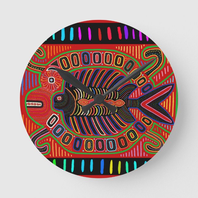 Cuna Indian Mola Flygande Fisk Rund Klocka (Framsida)