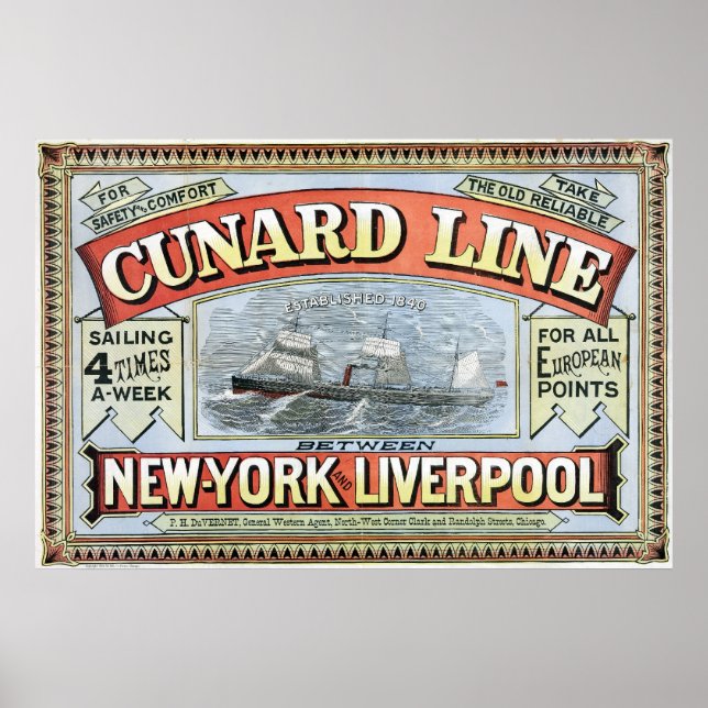 Cunard Line Ad Poster New York och Liverpool 1875 (Framsidan)
