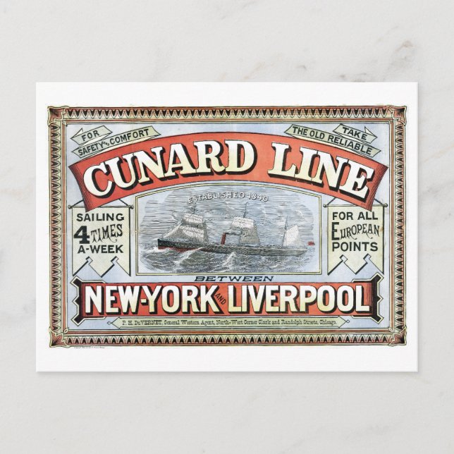 Cunard Line New York Liverpool 1875 Vykort (Framsida)