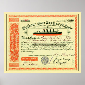 Cunard Steam-Frakt Company 1909 Lagrar Certificate Poster
