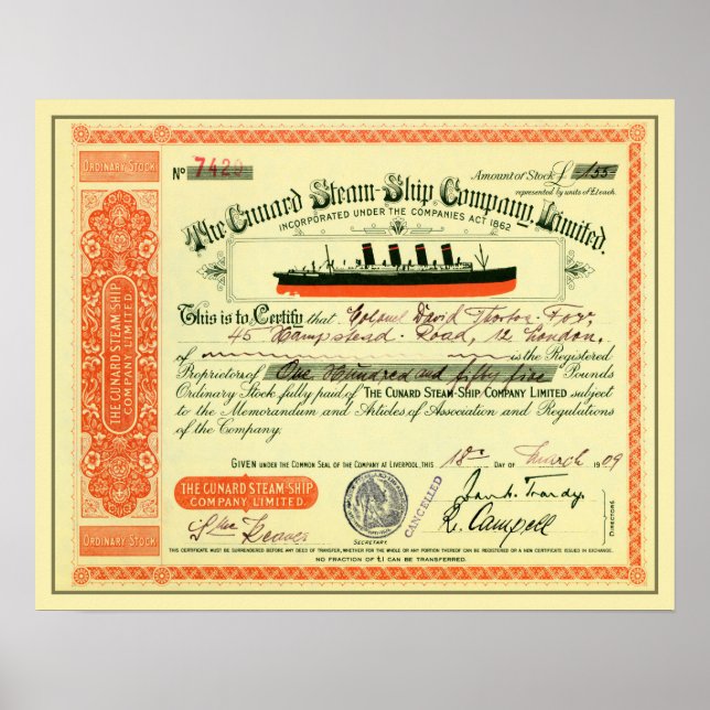 Cunard Steam-Frakt Company 1909 Lagrar Certificate Poster (Framsidan)