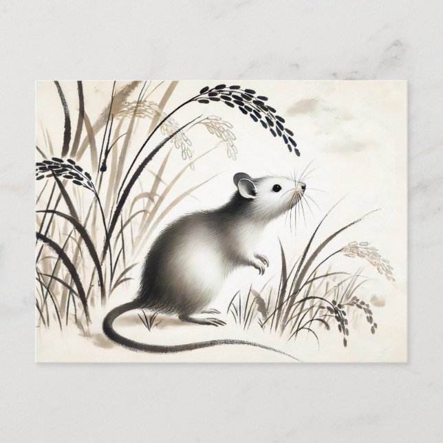 Cunning Råtta under Ris Plant. bläck zodiac Helg Vykort (Framsida)