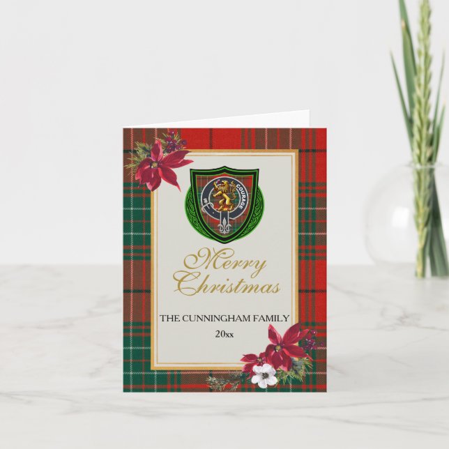 Cunningham skotska klan tartan och vapensköld kort (Framsida)