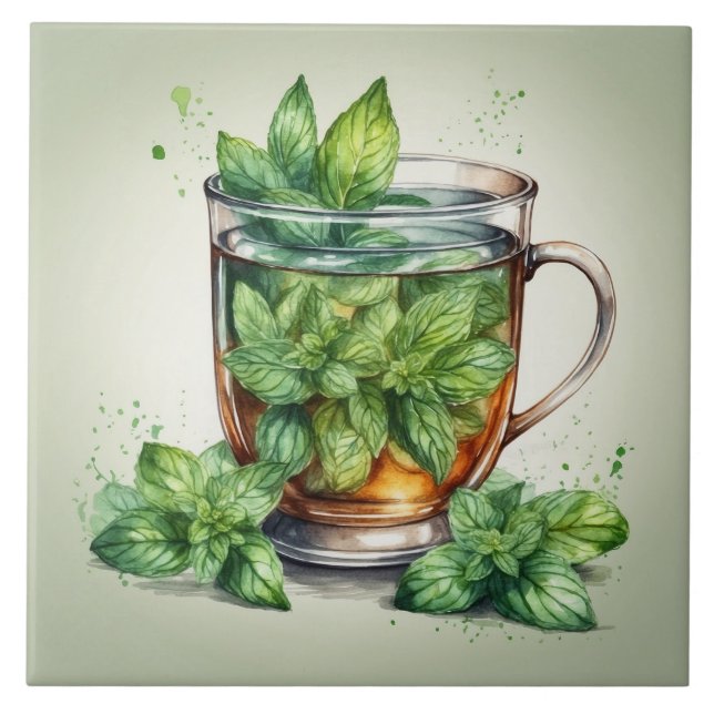 Cup of Mint Tea with Fresh Peppermint Leaves Kakelplatta (Framsidan)