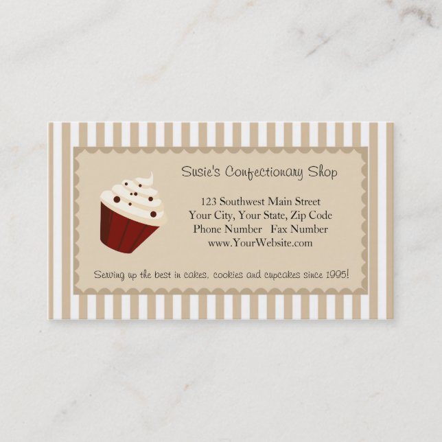 Cupcake anpassad logotyp, mjuka mocha-ränder visitkort (Framsida)