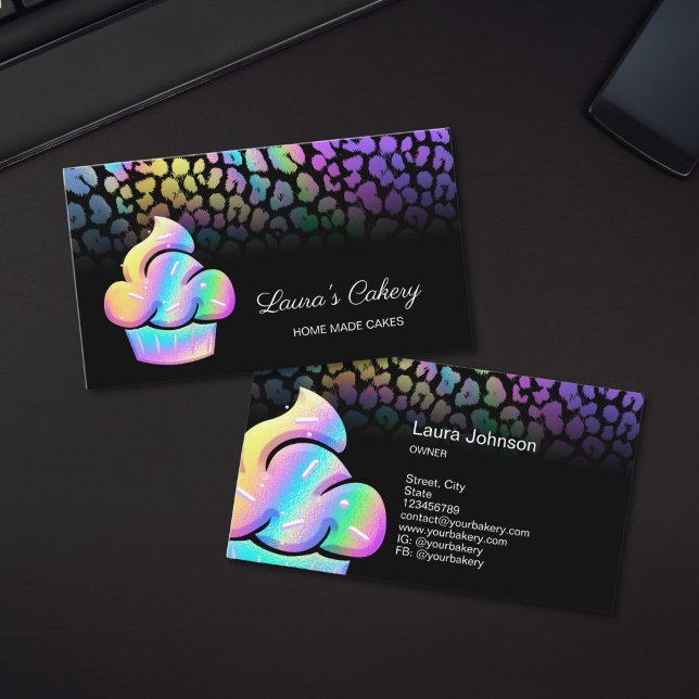 Cupcake Bageri Konditor Holografisk Leopard Visitkort (holographic leopard cupcake business cards)